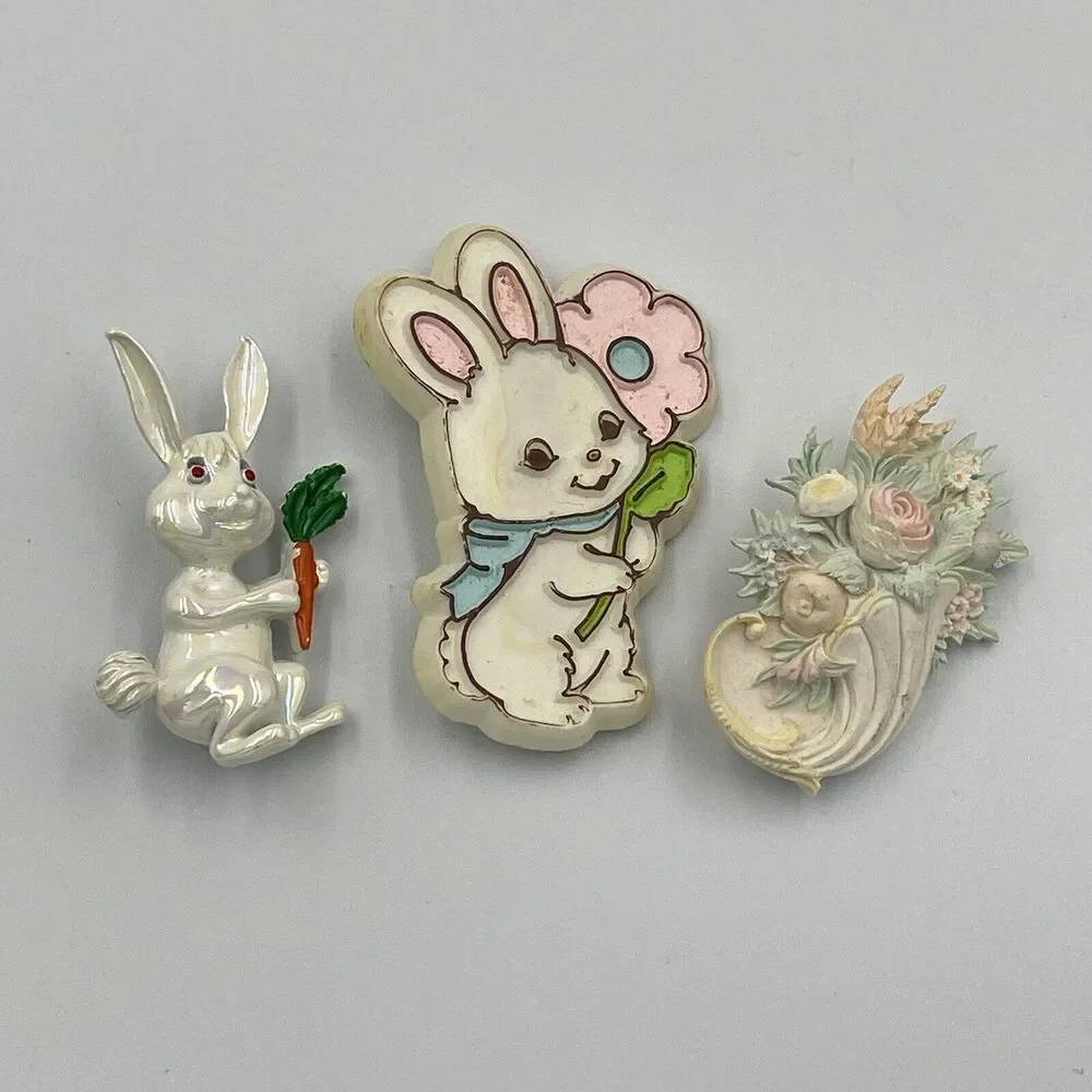 Vintage Lot 3 Easter Bunny Rabbit Flowers Floral Spring Pin Brooch 80s Hallmark